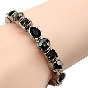 Bezel-Set Faceted Crystal Stackable Silver-tone Bangle Bracelet Magnetic Clasp